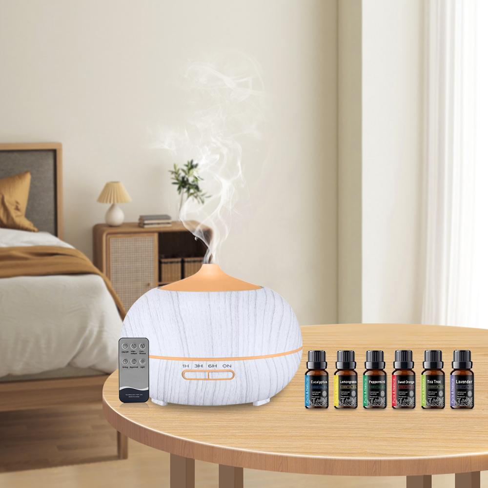 

Диффузор для дома 550 мл для домашней ароматерапии, диффузор для аромамасел, пульт, 7 светодиодных цветов, 6 эфирных масел, ультразвуковой увлажнитель белый