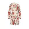 women's Floral Print Round Neck Puff Long Sleeve Ruffle Hem Bodycon Mini Dress