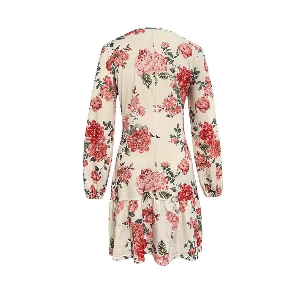 women's Floral Print Round Neck Puff Long Sleeve Ruffle Hem Bodycon Mini Dress