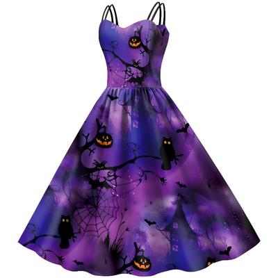 Halloween Dress Girl, Suspender Bat Pumpkin Digital Print Dress