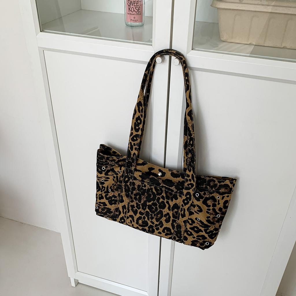 Autumn Korean Retro Leopard Print Canvas Bag, Niche and Versatile, Large Capacity Casual Single Shoulder Tote Bag