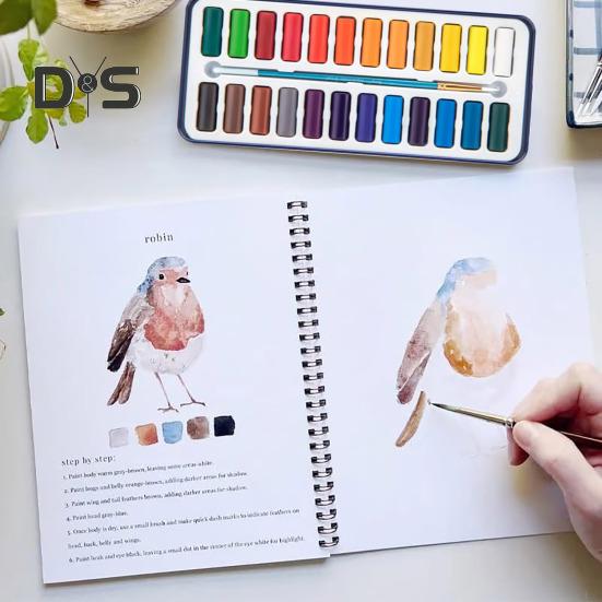 Aquarell-Arbeitsbuch, 24 Farben, Aquarell-Malset mit Pinseln, spiralgebundenes Wassermalbuch, Kunsthandwerksgeschenke für Anfänger