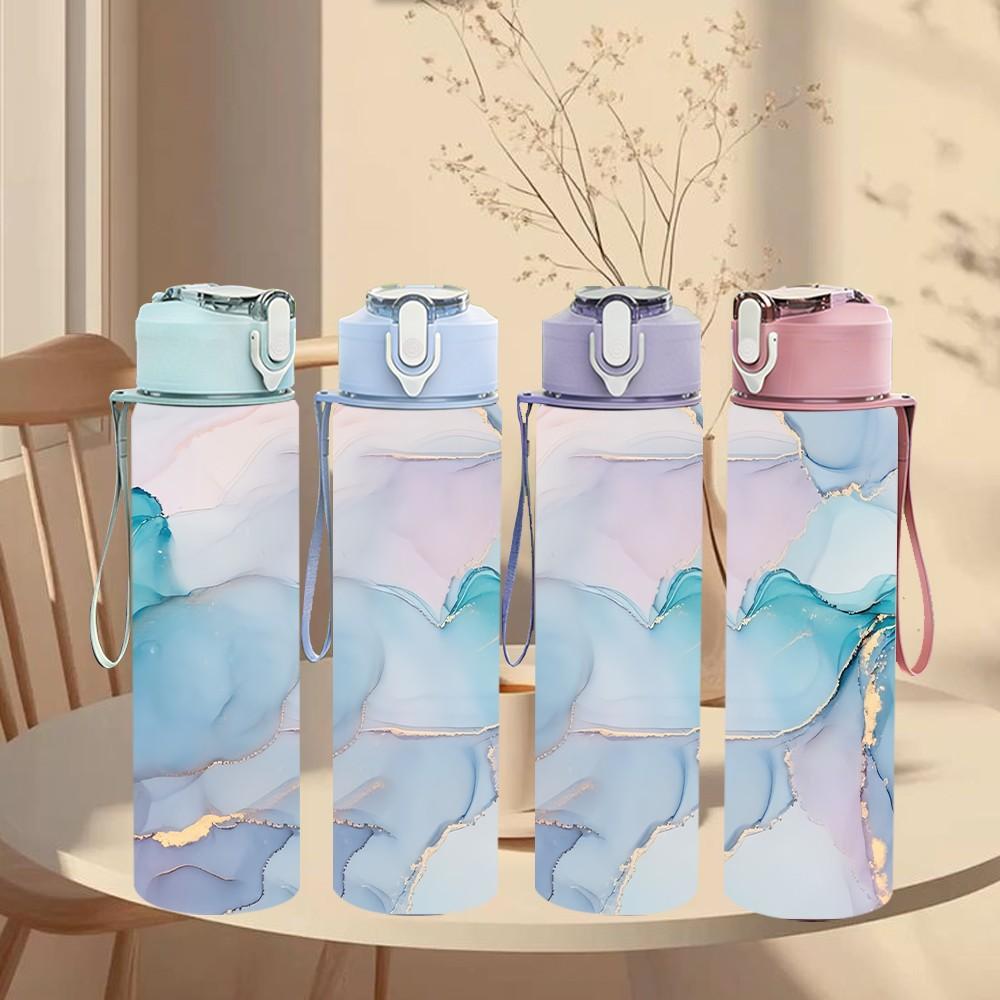 1PC Lilac Blue Ink Marble Pattern 750ml Color Plastic Sports Water Bottle Leakproof Flip Straw Lid Suitable for Sports Office Home Use