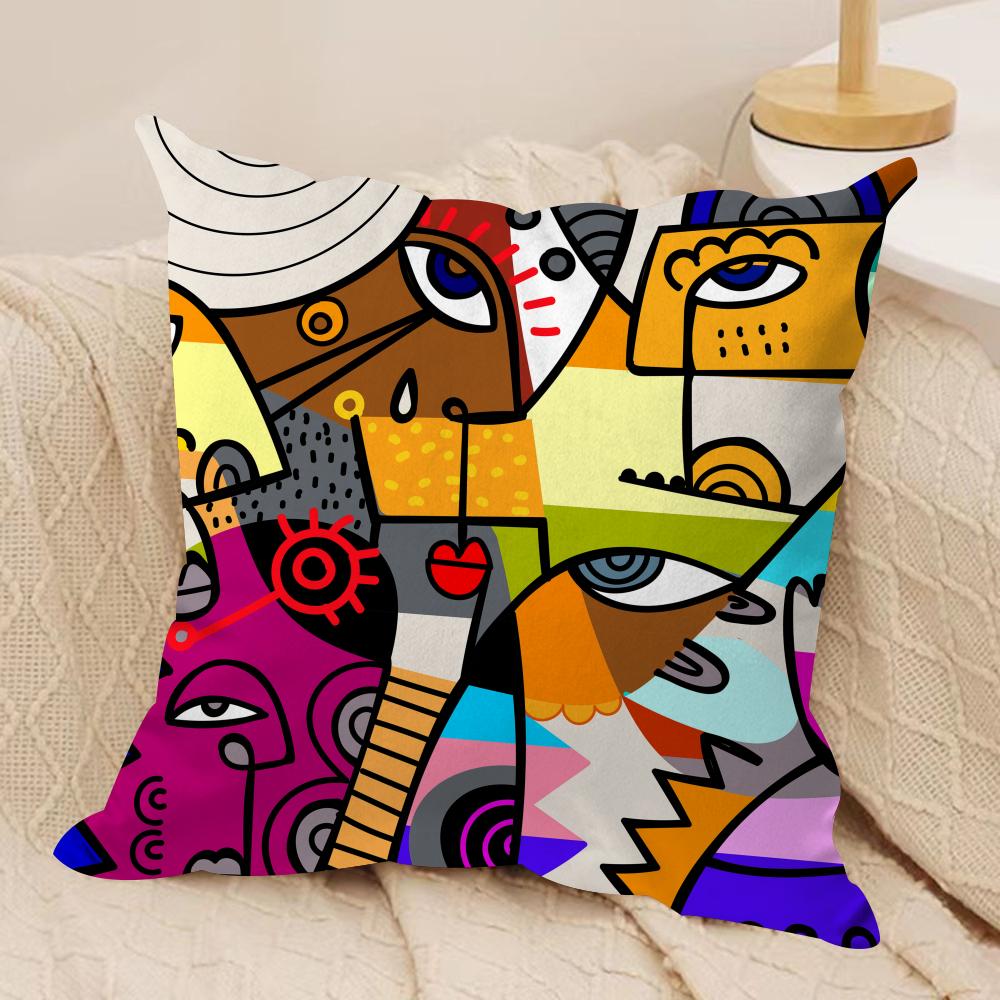 Colorful Abstract Faces Cushion Cover Silky Short Plush Sofa Pillow Cover Hidden Zipper Soft Dustproof Case for Home Decor