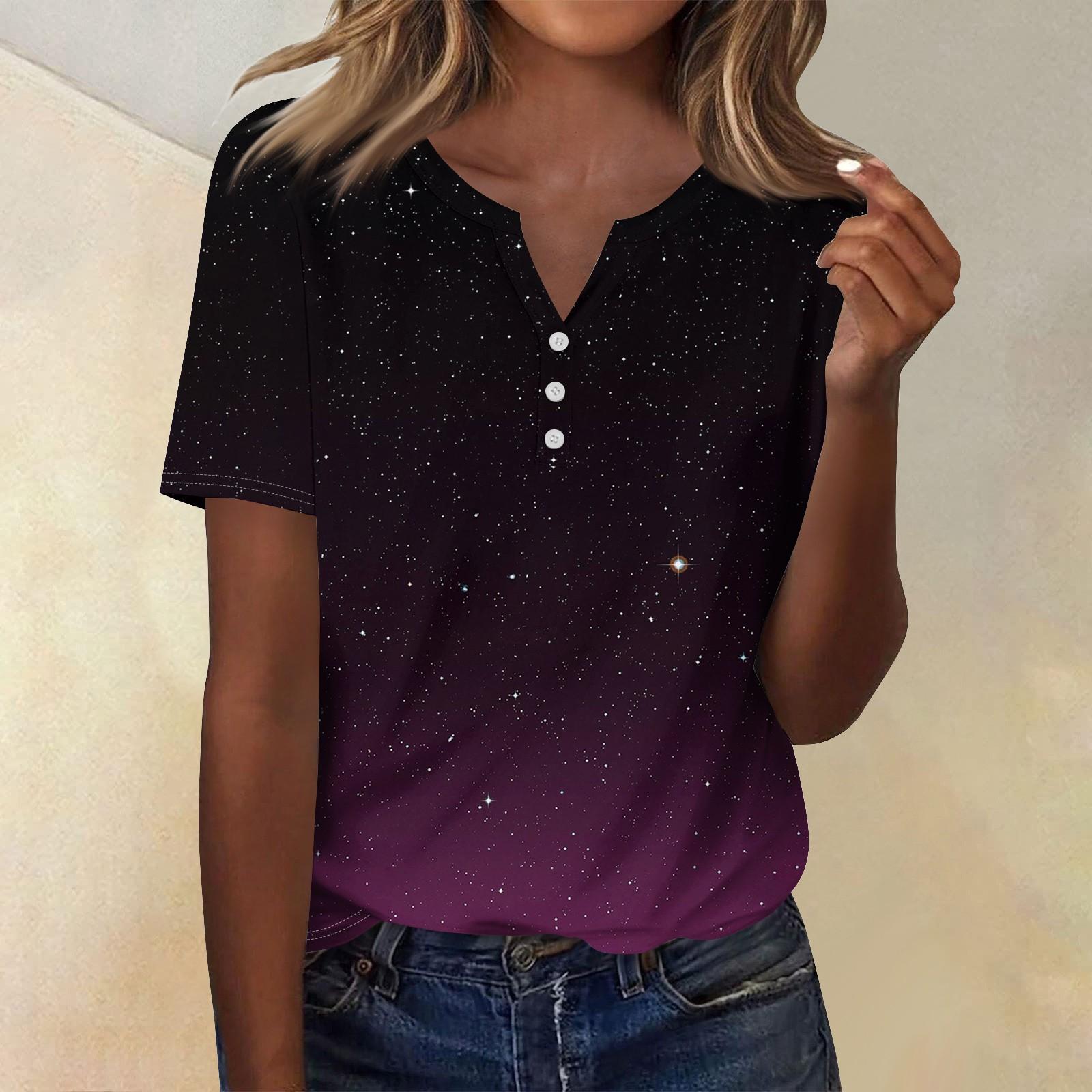 

Женская мода повседневный короткий рукав топ с разрезом по низу и принтом звезд S винный