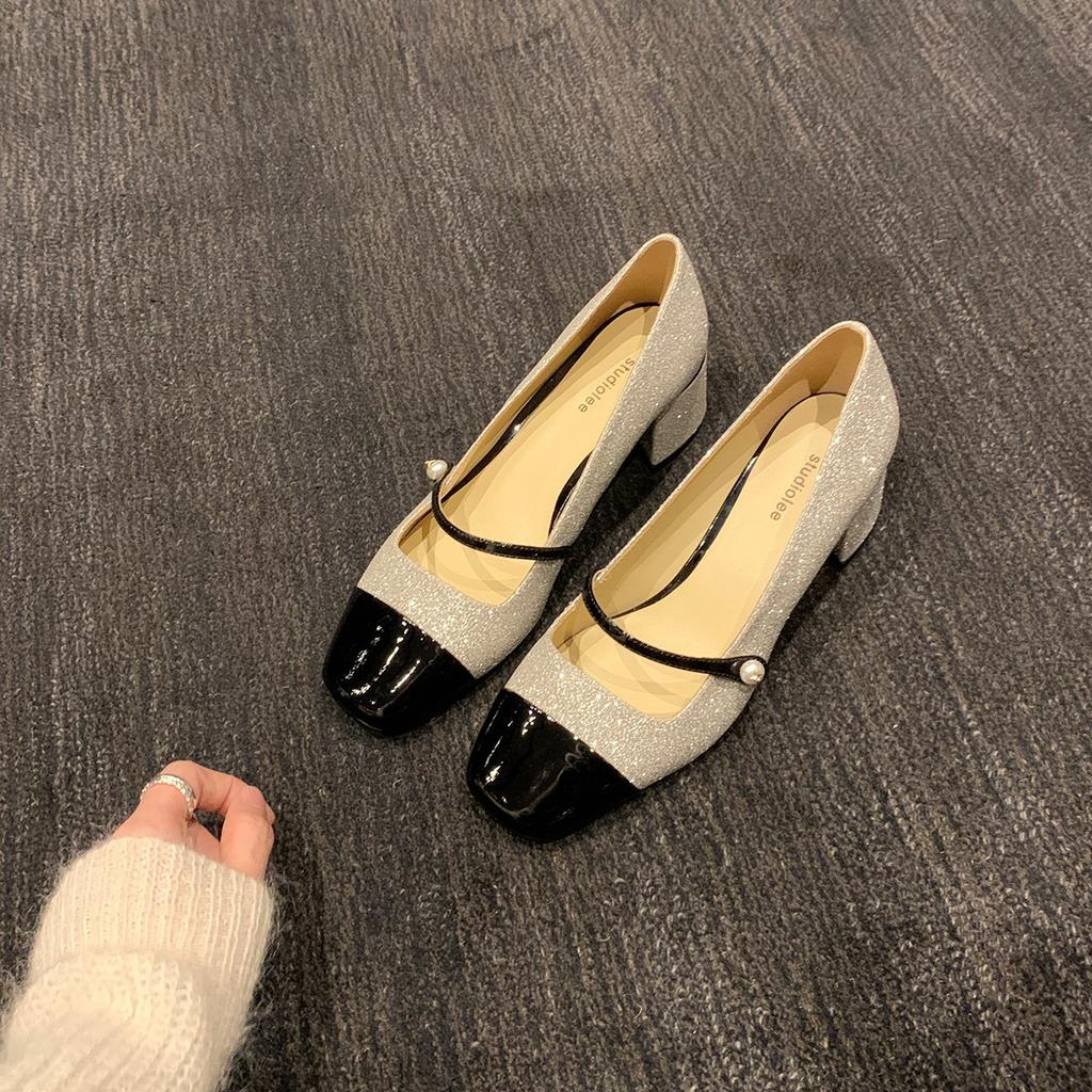 Grape Mother, the Same Style, Sparkling Sequins, Small Fragrant Style Square Head, One Word with Thick Heels, Mary Jane Shoes for Women, Medium Heels,
