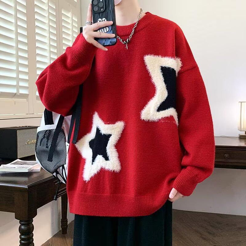 

2025 Unisex Star Round Neck Knitwear: Trendy, Versatile, Long Sleeve M червоний
