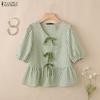 Women Casual Round Neck Grid Print Summer Short Sleeve Blouse