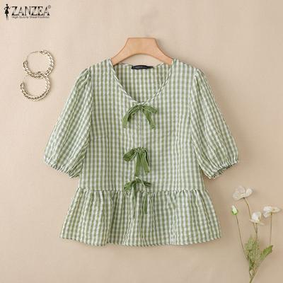 Women Casual Round Neck Grid Print Summer Short Sleeve Blouse