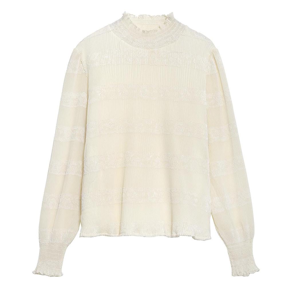 Fashion New 2025 Autumn Winter Long Sleeve Half High Collar Apricot Velvet Chiffon Blouse Shirt Women Tops Blouses Shirts J780
