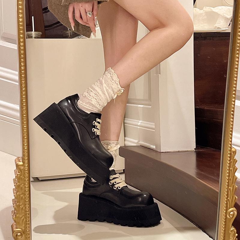 Fashion 2025 New Women's Shoes Platform Footwear Fashion Style All-Match Black Flats Dress Leather Shoes Fashion Thick Sole Shoes