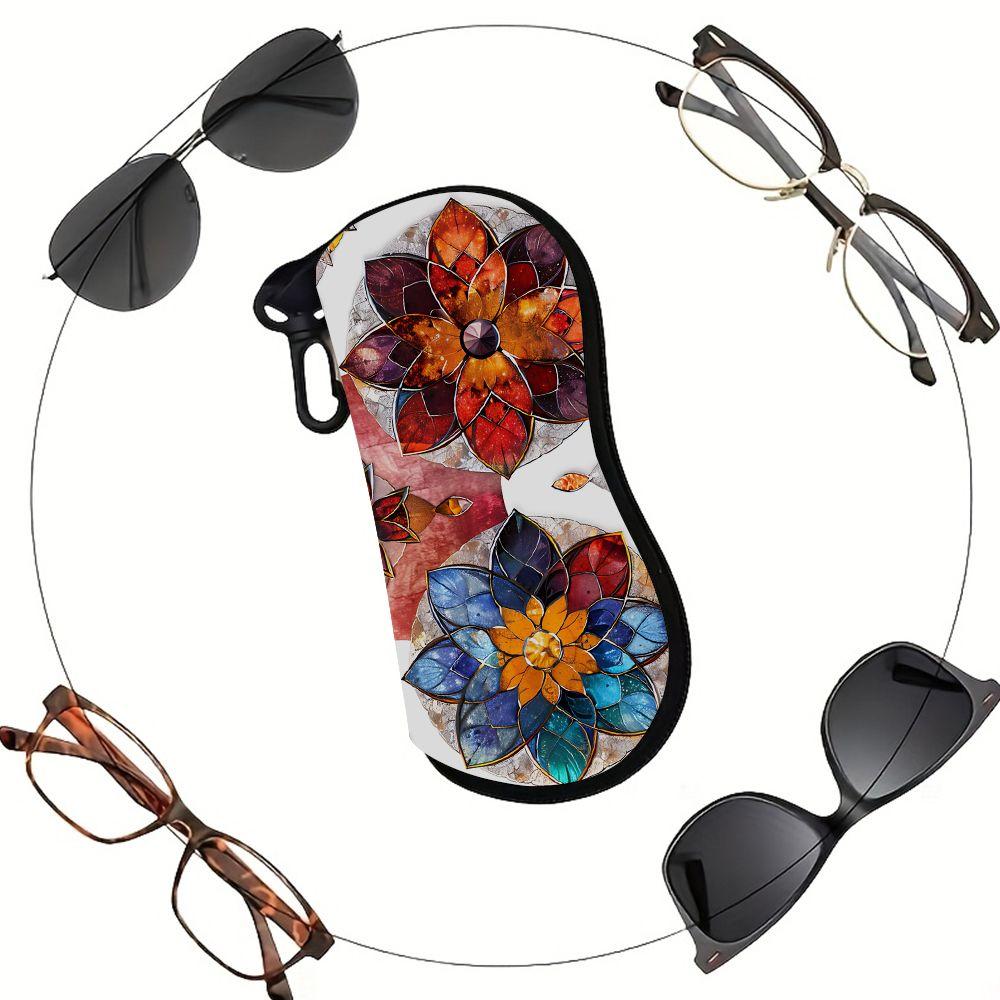 2D-Bohemian Stained Glass Flower Print Sunglasses Case, Protective Eyewear Pouch for Women, Floral Zipper Spectacle Box, Portable Travel Glasses Holde