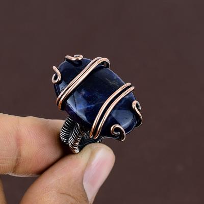 Gema de Sodalita Natural Hecho a Mano Envoltura de Alambre de Cobre Anillo de Regalo Talla 6.5 w3V05