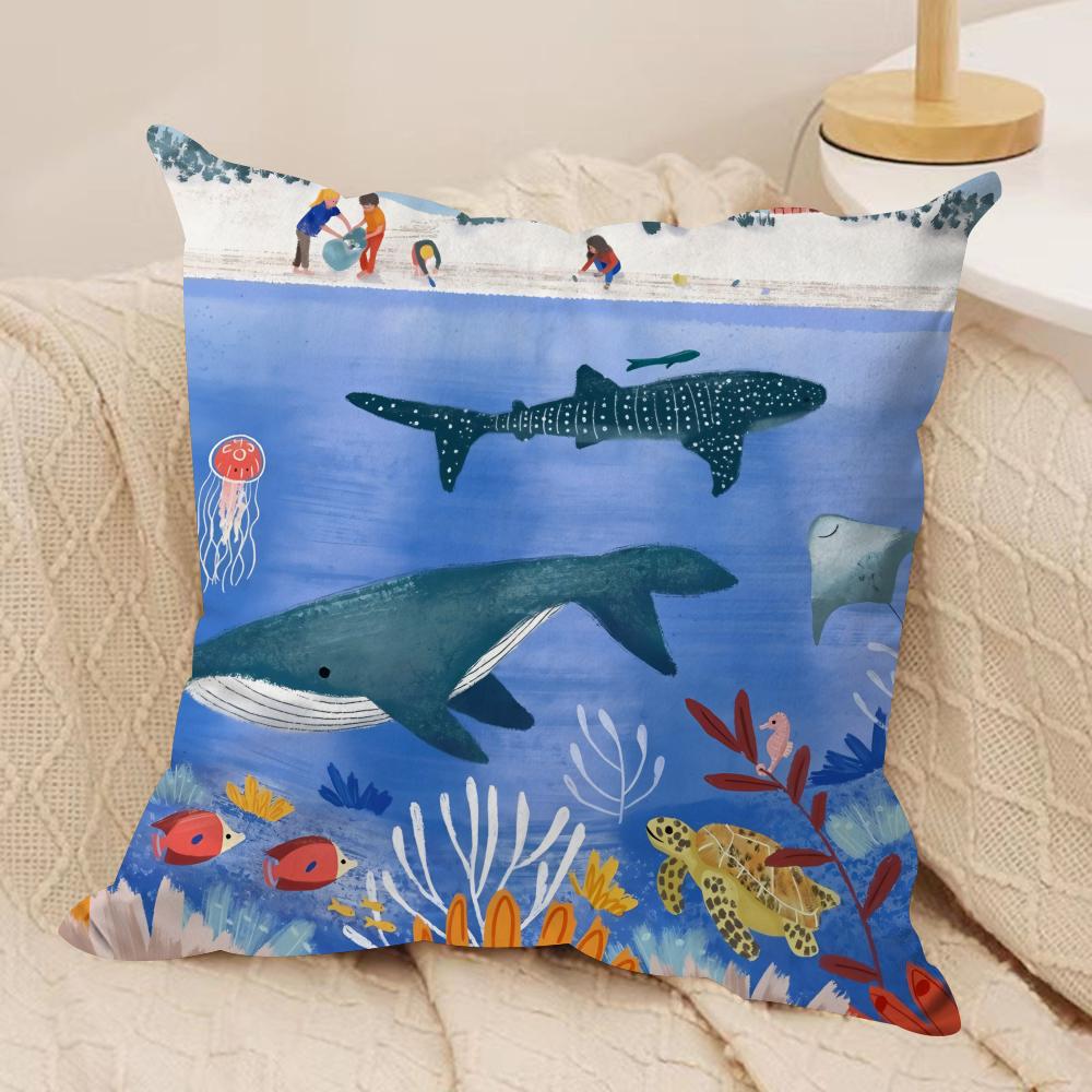 Marine Animals Summer Ins Cushion Cover Silky Short Plush Invisible Zipper Dustproof Sofa Pillow Case For Home Decor