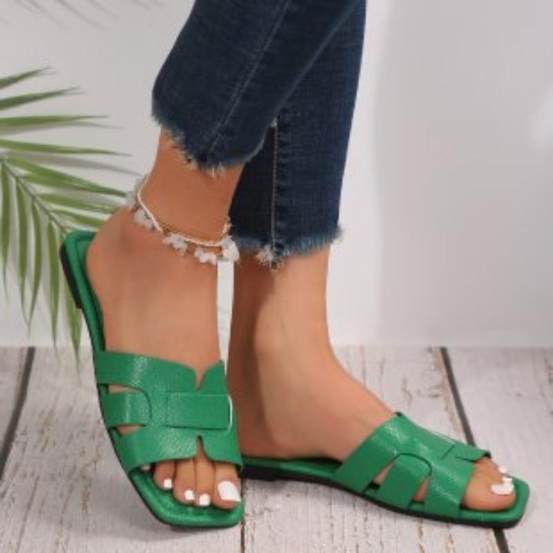 

Летние новые европейские и американские импортные тапочки большого размера с плоским дном и квадратным носком для женщин, ленивая одежда, одно слово, пляжные классные тапочки 43 зелёный