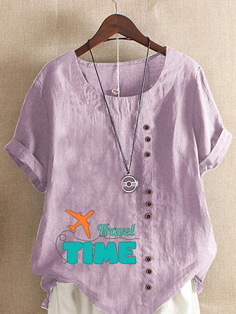 Women s Fashion Letter Print Round Neck Short Sleeve T-shirt Summer Casual Cotton Linen Graphic Shirt Leisure Loose Blouse Tops S
