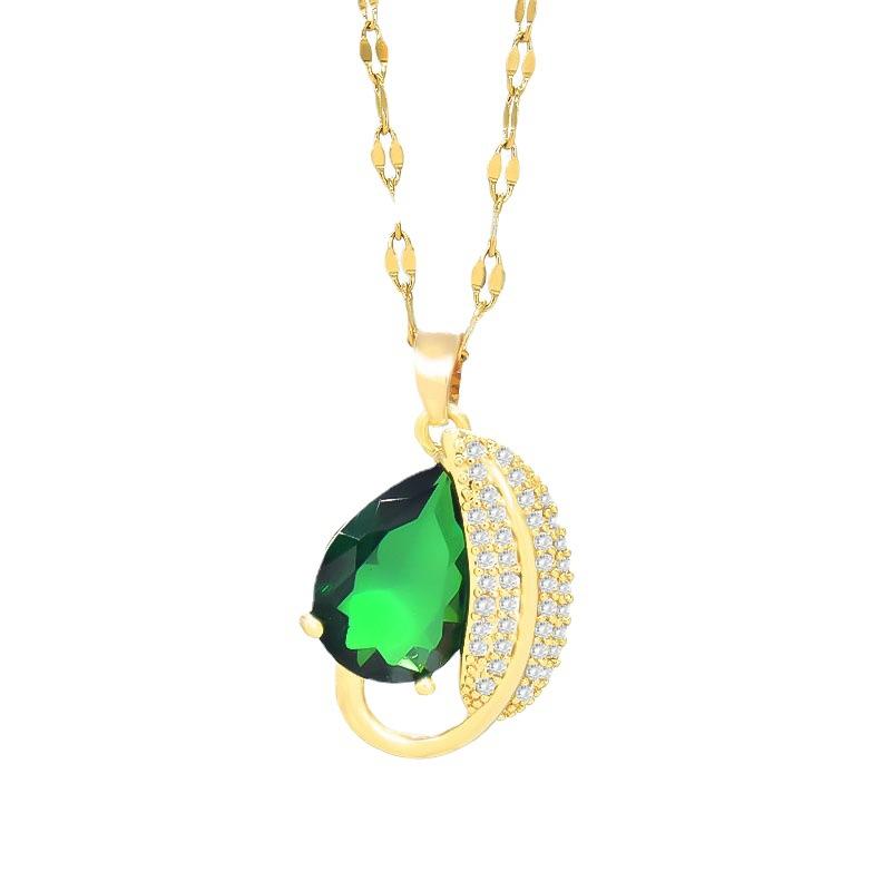 Emerald Water Drop Necklace Ethnic Style Light Luxury Retro Micro-Inlaid Zircon Pendant Women'S Collarbone Chain Jewelry