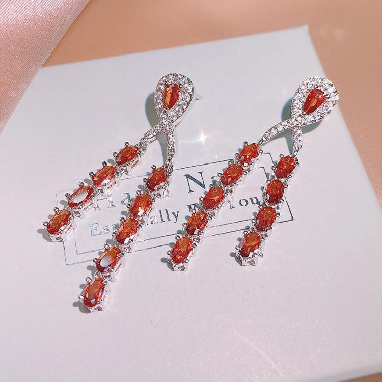 Hong Kong Style Baroque Color Diamonds Ruby Sapphire Square Diamond Earrings Elegant Pendant Banquet Fashion Luxury Crystal