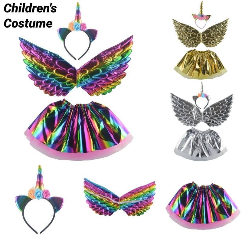 Unicorn Children Costume Headband Skirt Wings Party Clothing Outfit Performance