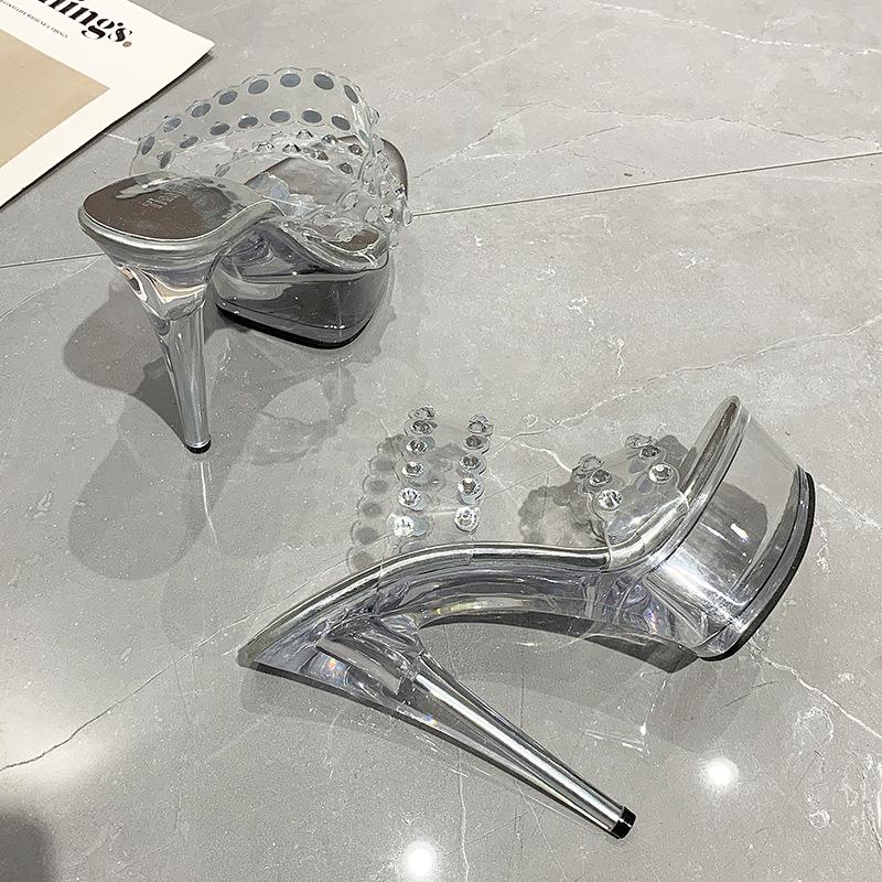 Mote Sommer Ny spiss tå Gjennomsiktig Vanntett Plattform Stiletto Mote Catwalk Superhøyhælte enkeltsko for kvinner Sandaler