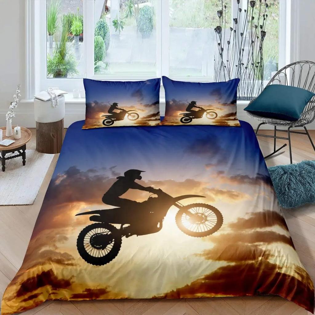3D Motocross Duvet Cover King Size Microfiber Red Black Dirt Bike Extreme Sports Motorcycle Bedding Set