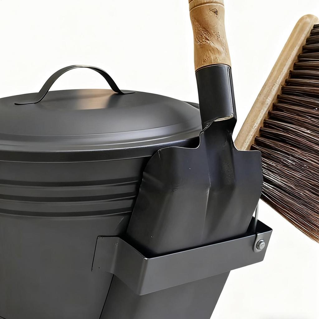 Wall-Mounted Furnace Ash Bucket Set Metal Container Ash Pail With Lid Shovel Broom For Fireplace Outdoor Indoor Patio Garden
