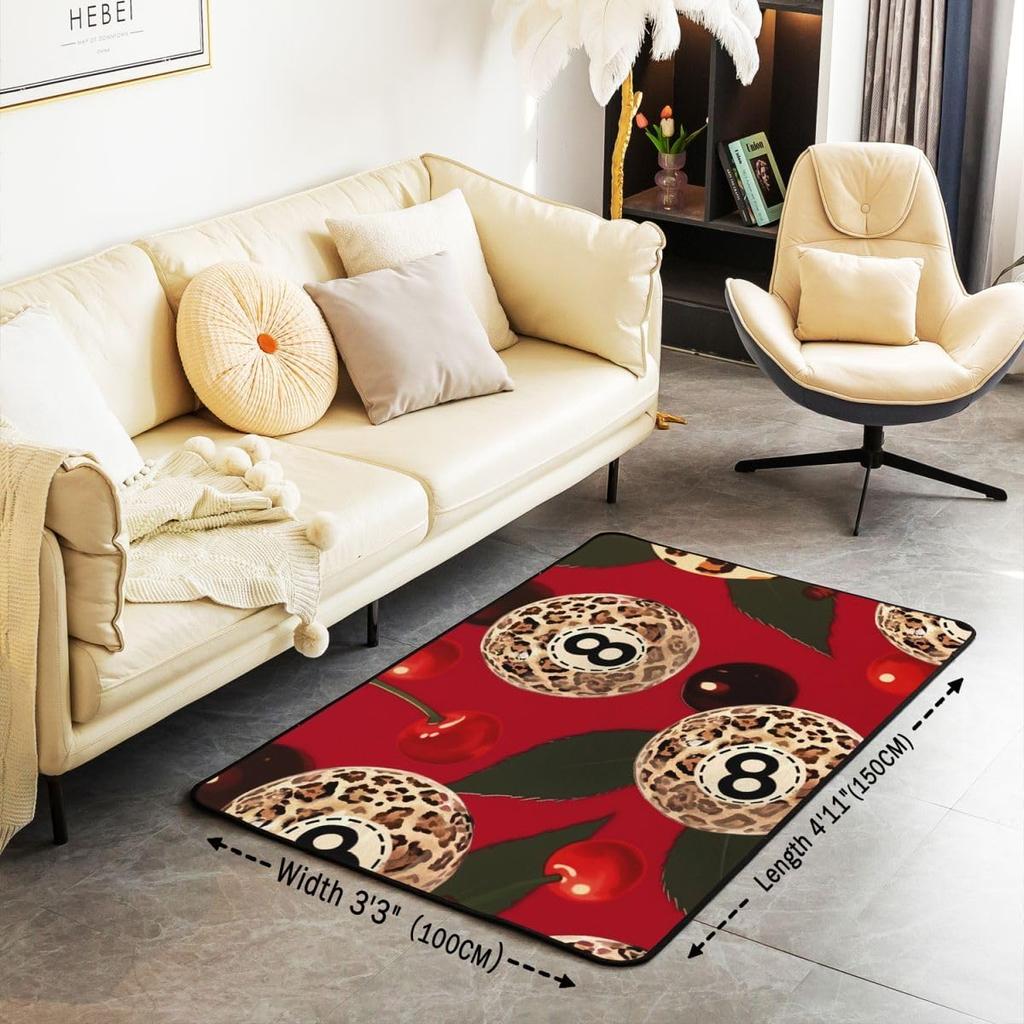 Erosebridal Lucky 8 Ball Area Rugs for Living Room 3x5 Leopard Print Cherry Non Slip Rug Trendy Cheetah Decorative Washable Rug Modern Funky