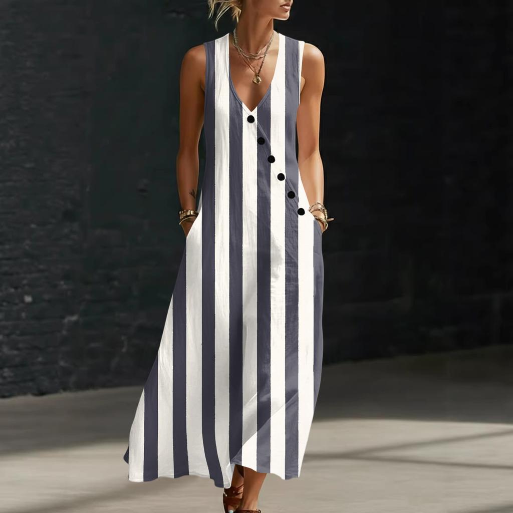 Dames Gestreept V-hals Knopen Mouwloos Maxi Jurk Katoen Linnen Lange Vestjurk Casual Losse Pasvorm Zomerstijl