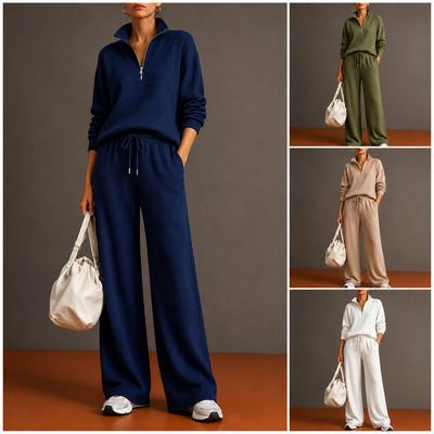 2026 Neues Damen Herbst-Winter Sport 2-teiliges Set, Sweatshirt mit Stehkragen und Reißverschluss & Outfit mit Hosen mit weitem Bein