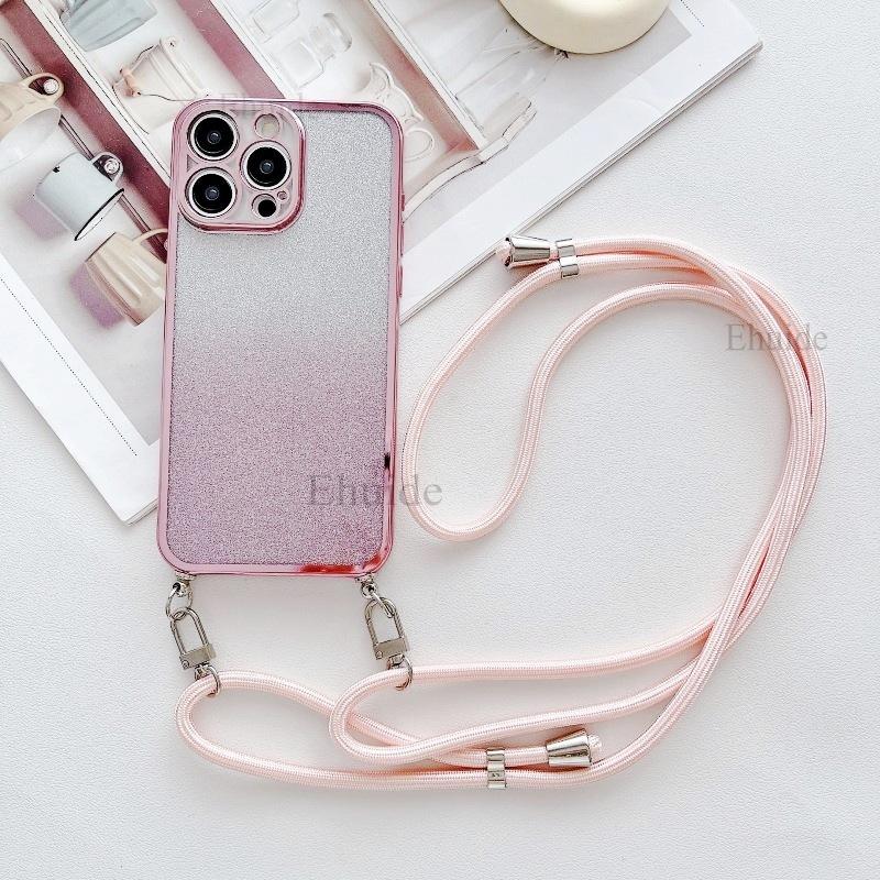 

Adjustable Strap Case For iPhone 16 Pro Max 15 Plus 11 12 13 14 Pro 17 Air Crossbody Lanyard Clear Plating Glitter Paper Cover for iPhone 17&Case & Strap