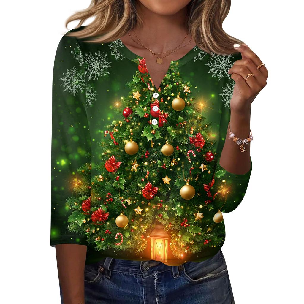 Women's Fashion Casual Christmas Print V-Neck Button Three-Quarter Sleeve T-Shirt Top