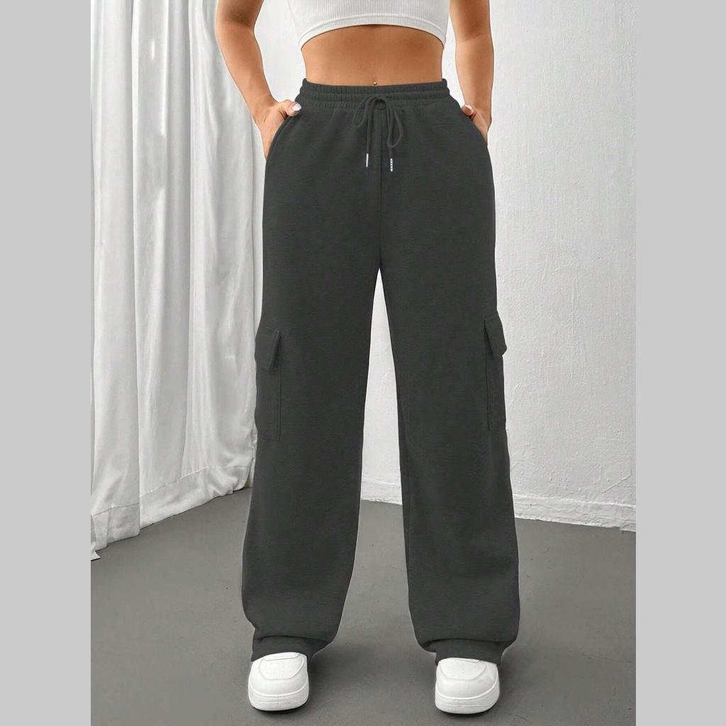 Women's Lace-up Elastic Waist Trousers, Fashion Solid Color Straight Wide-leg Sweatpants