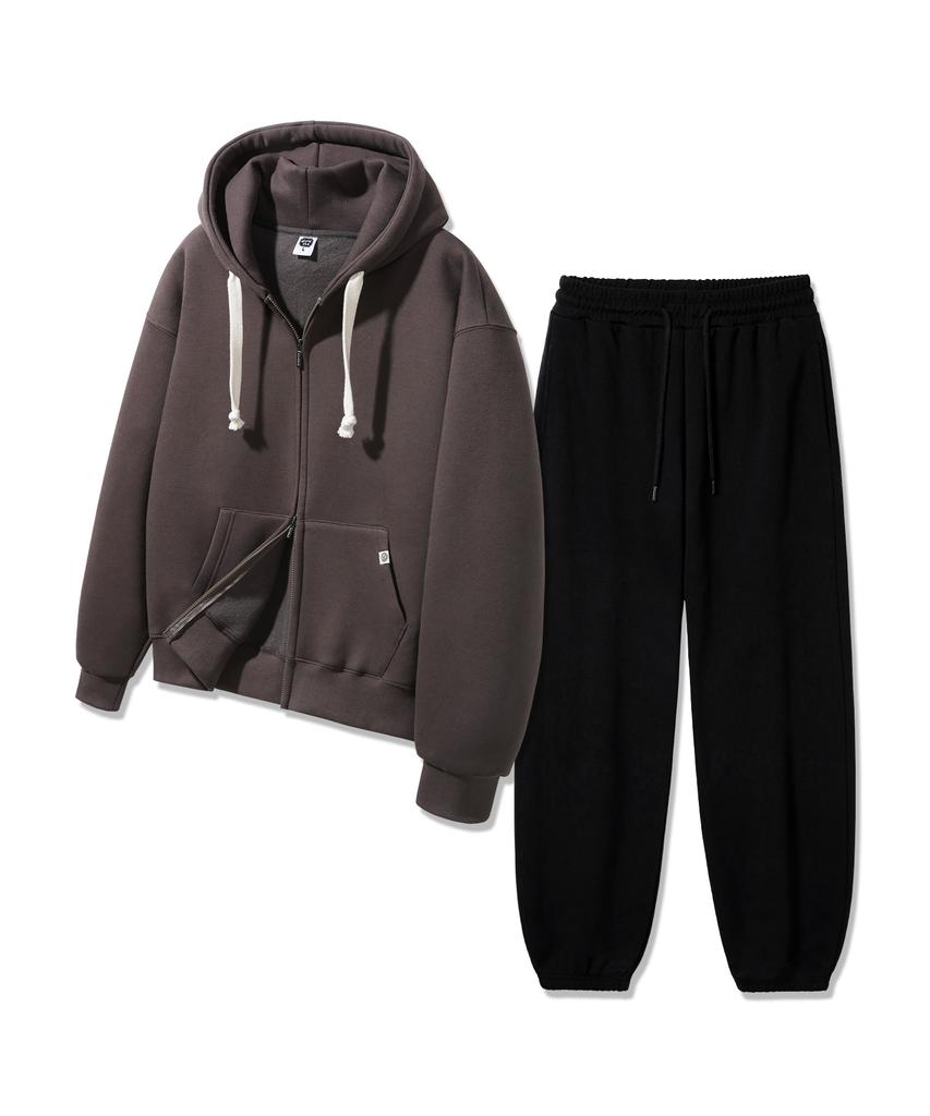 Alvinclo [Set[Double Cotton/Fleece-Lined] Plain Oversized Two-Way Hooded Zip-Up Jogger/Semi-Wide Pants Set-Up