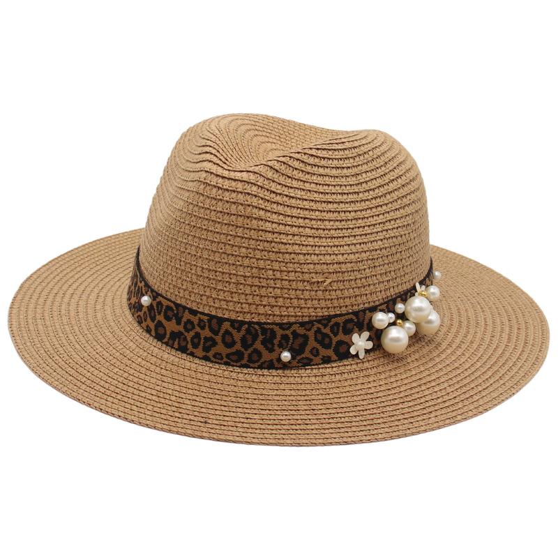 Spring And Summer 2022 New Panama Straw Hat Leopard Print Pearl Top Hat Men And Women Elegant Foldable Jazz Hat