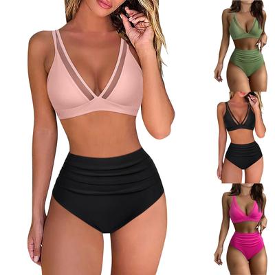 Kadın Bölünmüş Seksi Bikini Yüksek Belli Örgü Ekleme Sutyen Pedi Çelik Destek Olmadan Mayo