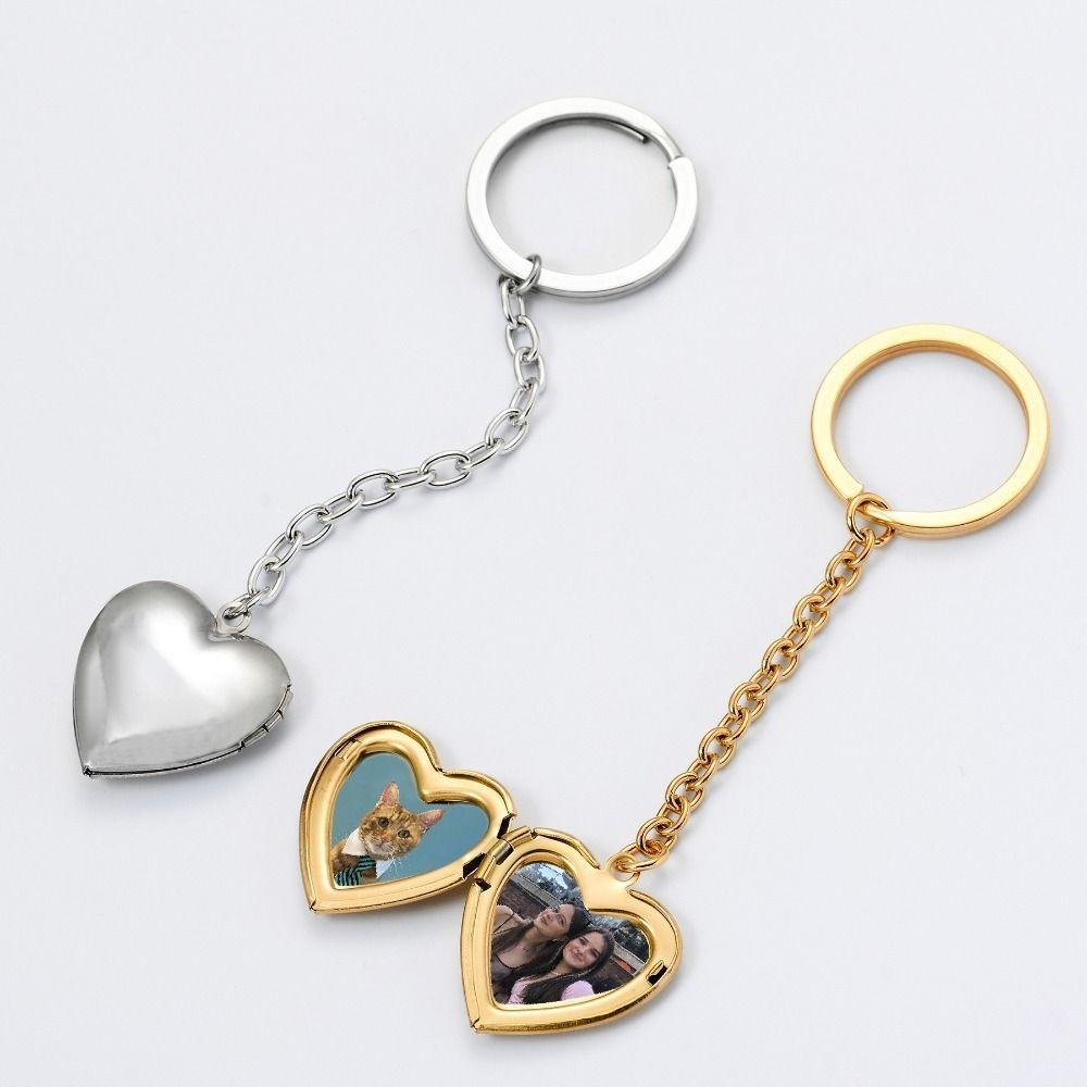 2Pcs Bag Hanging Photo Hold Keyring DIY Stainless Steel Keychain Funny Heart Album Keychain Gifts