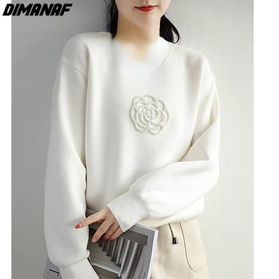 DIMANAF 2022 Frauen Herbst Hoodies Langarm Sweatshirt Floral Print Pullover Casual Stil Baumwolle Schwarz Weiß New Oversize Tops Tees