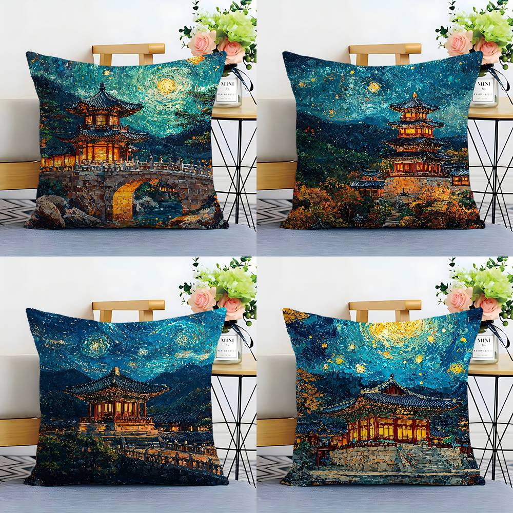 Korea Foguo Temple Pillow Case Plush Fabric Soft Double Sided Print Home Sofa High Quality Cushion Cover Throw
