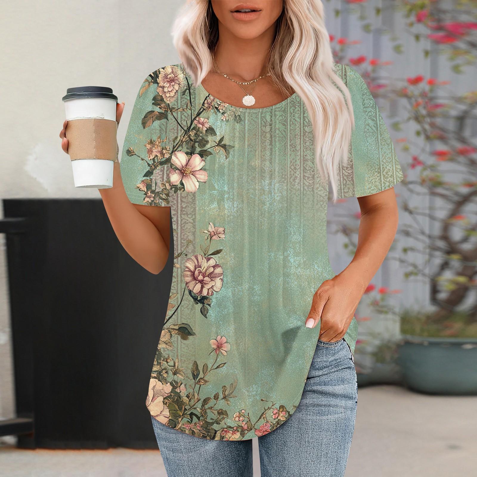 

Женская модная повседневная плиссированная футболка с круглым вырезом и короткими рукавами с принтом L зелёный