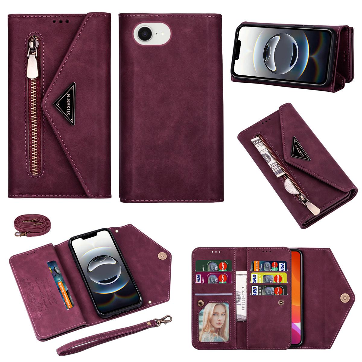 

N.BEKUS For iPhone 16e Cases Skin-Touch Leather Wallet Phone Cover with Straps Wine Red