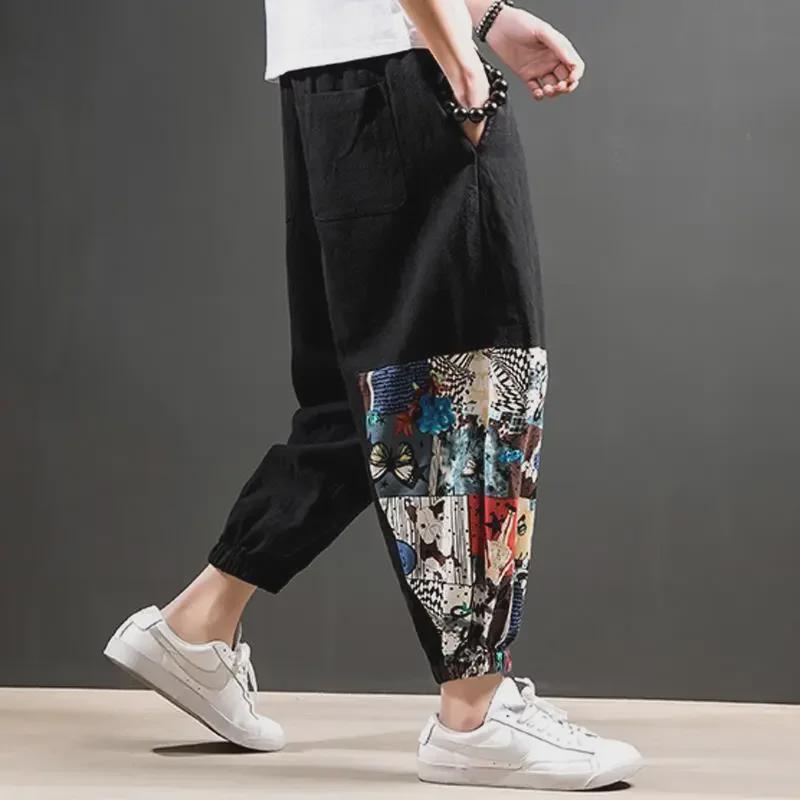 Pánské volné lněné kalhoty v čínském stylu - letní trendy, plus size, devítibodová délka
