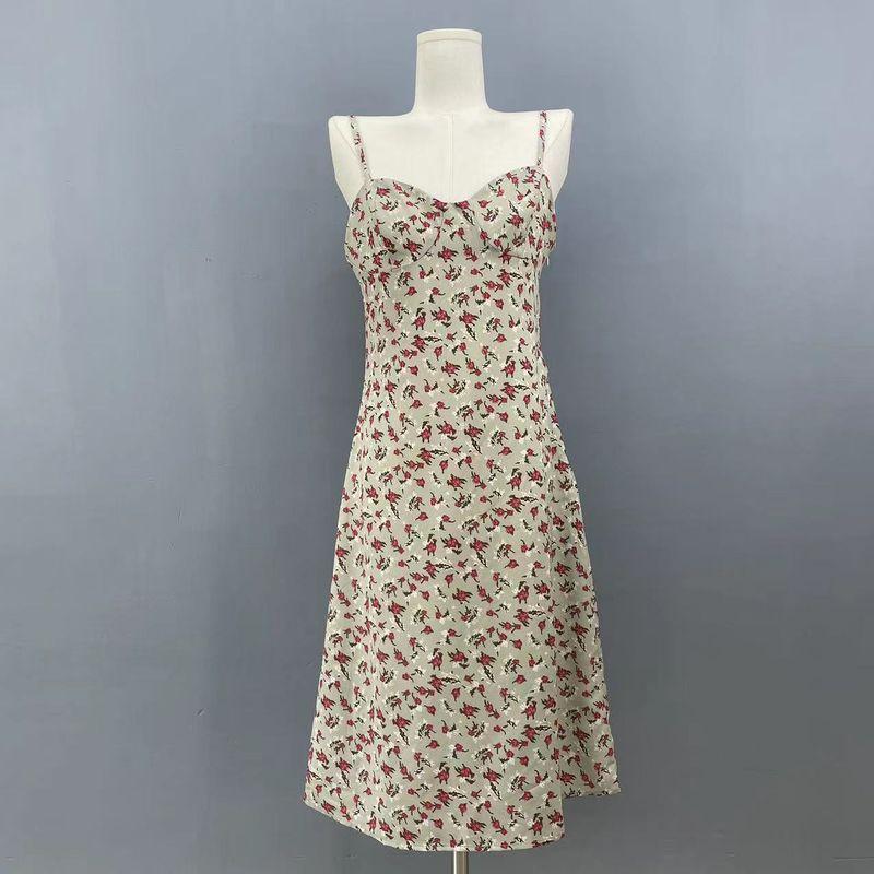 

Модный экспорт Женское средней длины длинное платье в стиле отпуска хлопковое двухслойное на бретелях с высокой талией облегающее слегка свободное белое платье Green White Print M