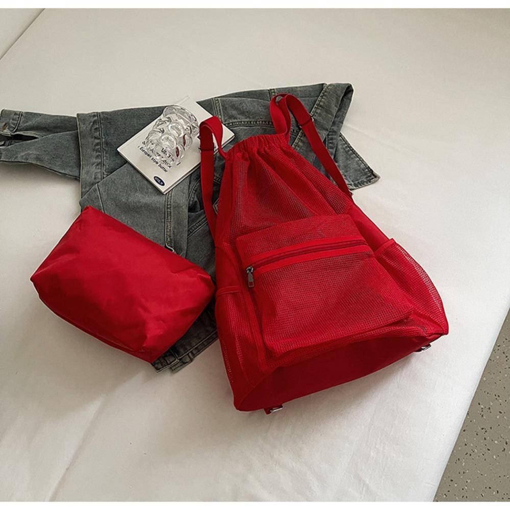 

Portable Nylon Backpack Hollow Mesh Beach Bag Fashionable Drawstring Backpack Office Worker червоний