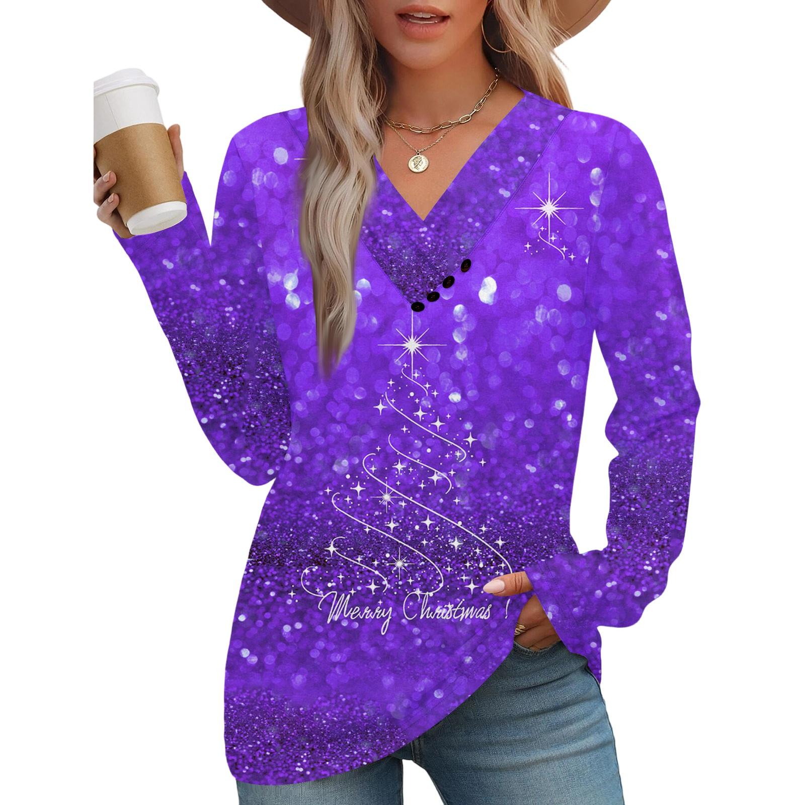 

Женская модная повседневная плиссированная рождественская блузка с длинным рукавом и V-образным вырезом M фиолетовый