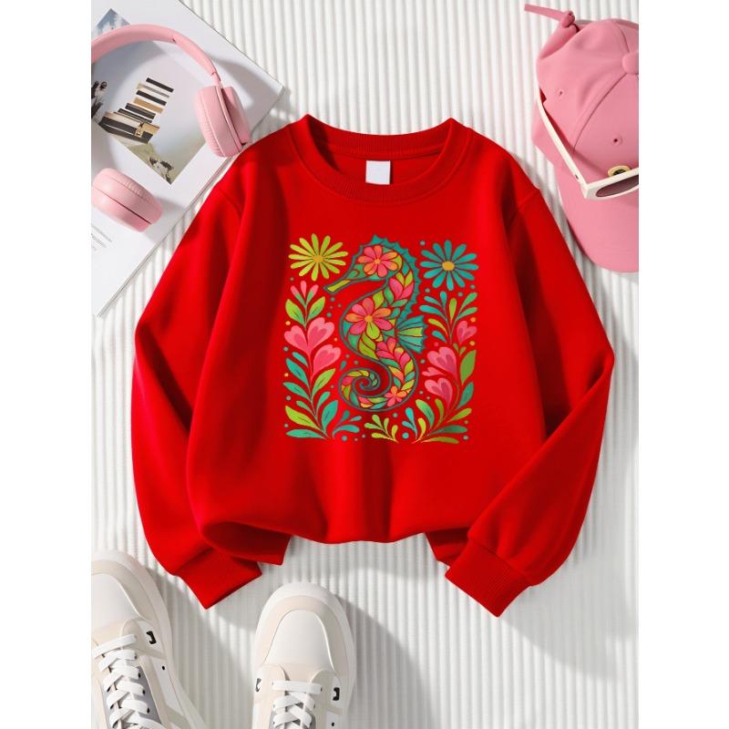 European Sizes Kids' Sweatshirts, Girls' Autumn Winter Colorful Floral Seahorse Print Long Sleeve Round Neck Sweatshirt, Casual Daily Wear.