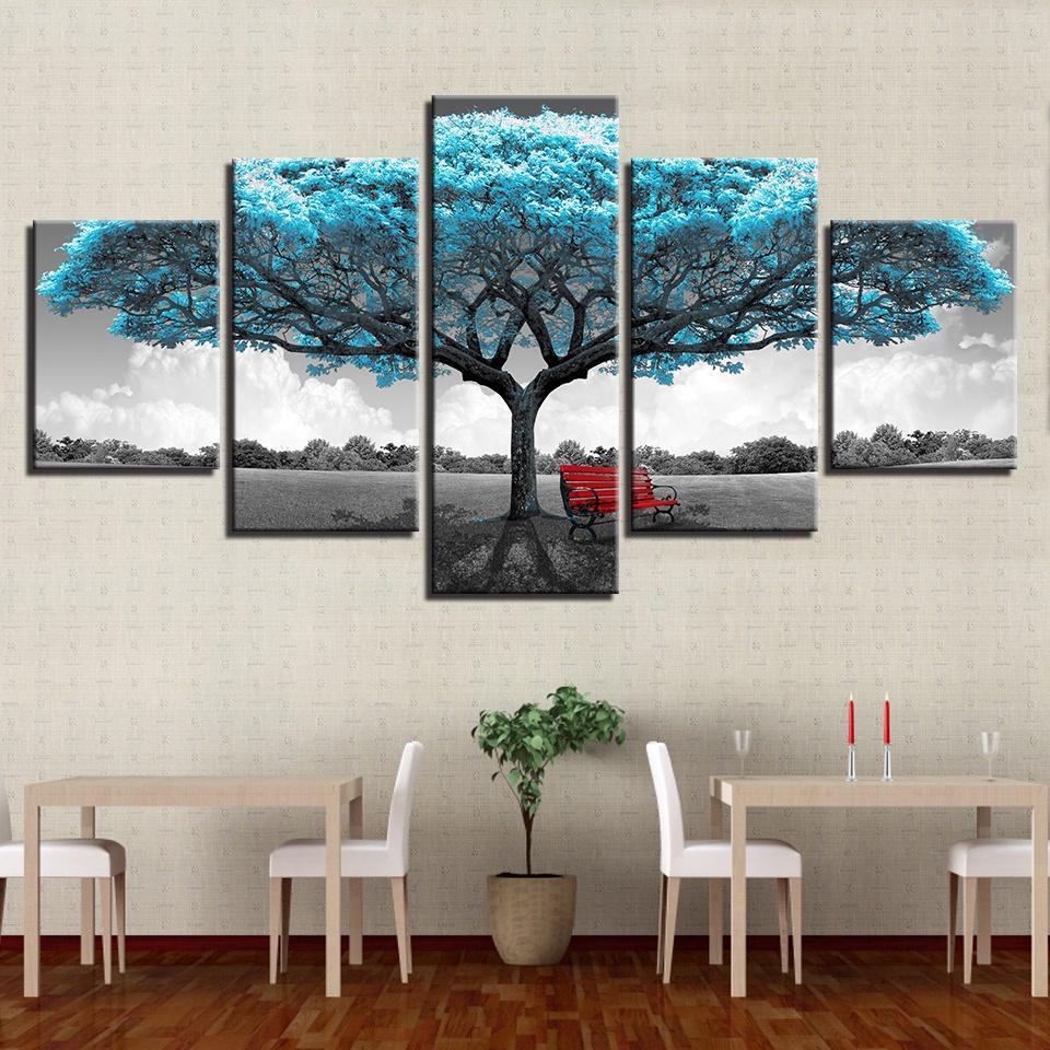 5 Panels Canvas Wall Art Poster Painting Abatract Blue Tree Landscape Home Decor Wallpaper Paining Picture Print Living Room