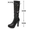 Autumn Winter Zipper Knee High Boots Women Fashion White Stiletto Heel Long Boots Bow Chain Bead Shoes Large Size 32-43 Black