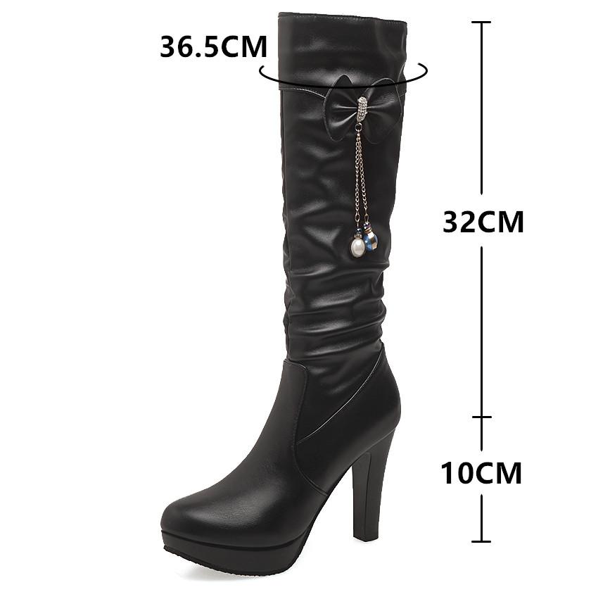 Herbst Winter Reißverschluss Kniehohe Stiefel Damen Mode Weiß Stilettoabsatz Lange Stiefel Schleife Kette Perlen Schuhe Große Größe 32-43 Schwarz