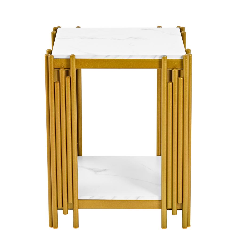 Nightstand with 2 Shelves, Gold Metal Frame with Glitter Effect, Marble Look, MDF for Bedroom, Living Room and Hallway, White & Gold-H55/W43/D40 cm