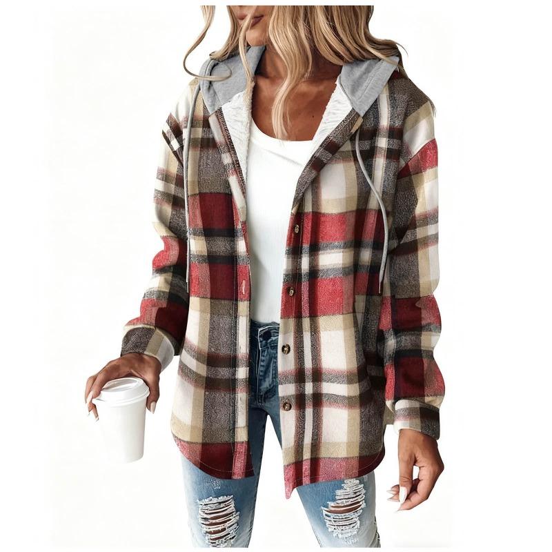 Women S Loose Fit Hooded Long Sleeve Plaid Plush Polyester Coat For Autumn Winter